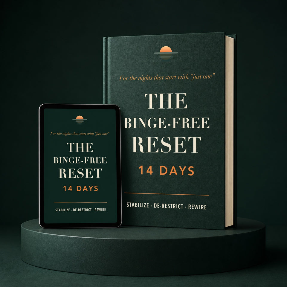 The Binge-Free Reset — hardcover workbook and ebook on tablet