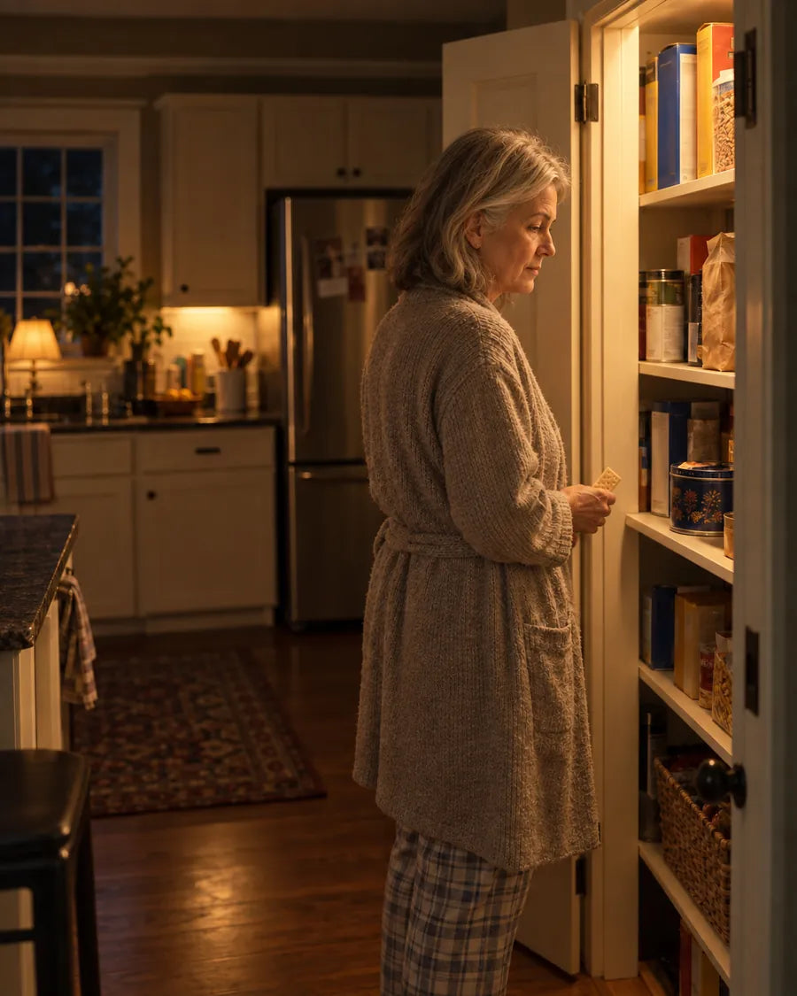 A silver-haired woman in a cardigan and pajamas at her open pantry at night, a cracker in her hand, lost in thought