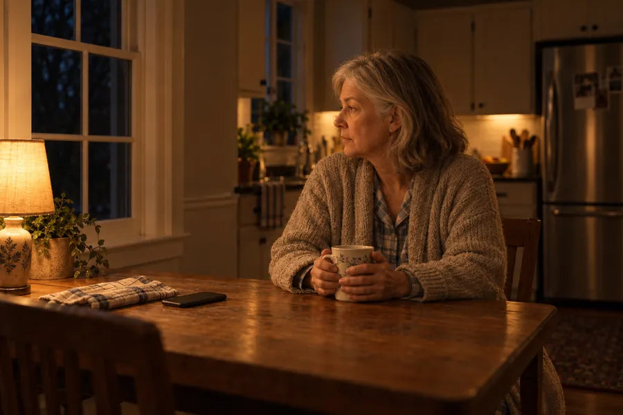 The same woman alone at her kitchen table at night, both hands around a mug, looking at the dark window